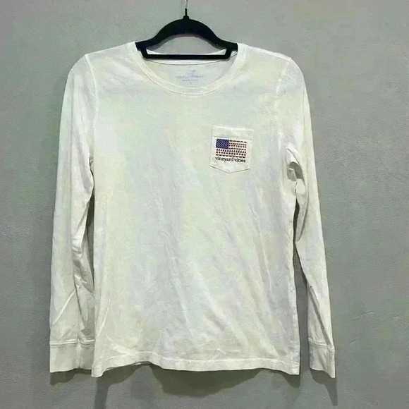 Vineyard Vines T Shirt Small White Red Blue American Flag Long Sleeve - Picture 1 of 9